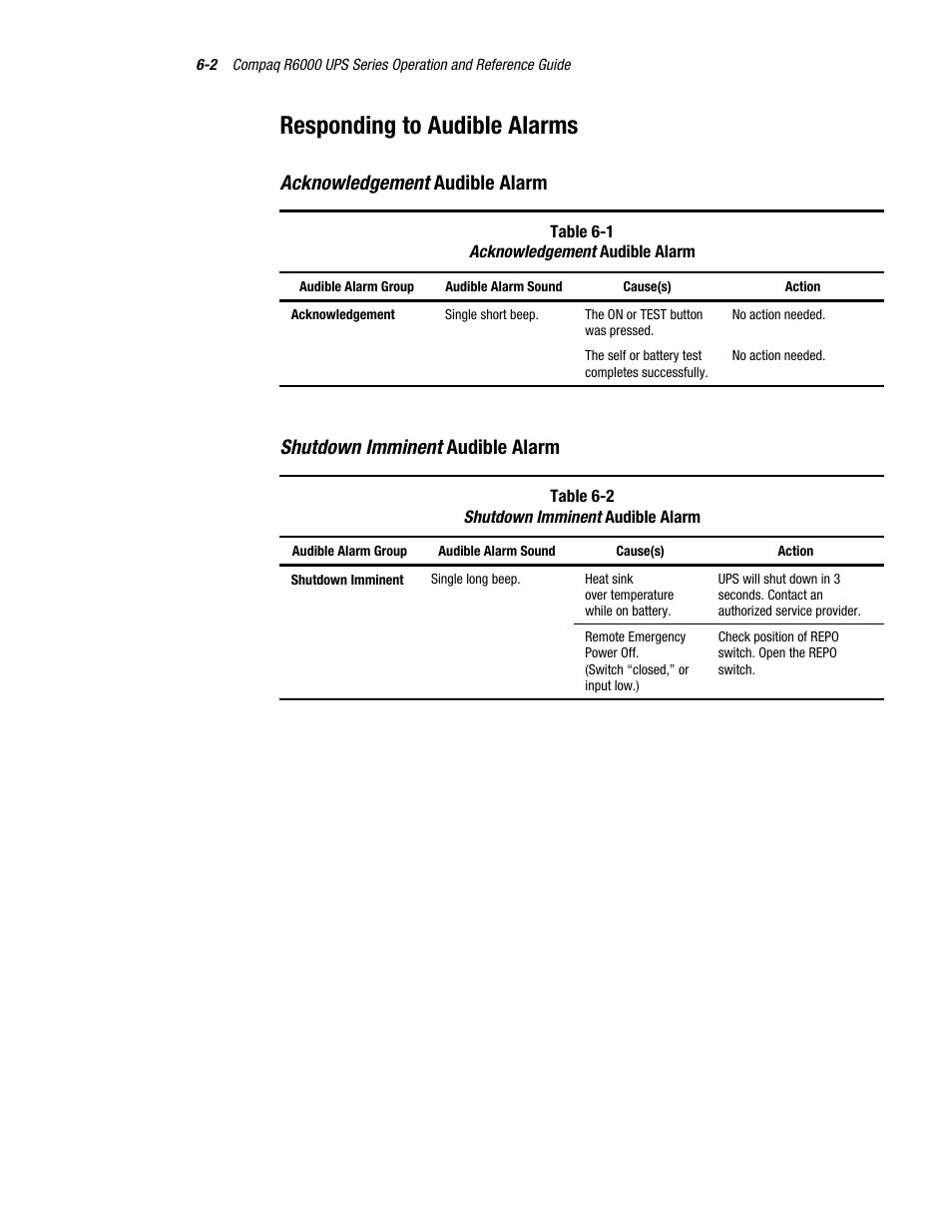 Responding to audible alarms, Acknowledgement audible alarm, Shutdown imminent audible alarm | Compaq R6000 User Manual | Page 87 / 118