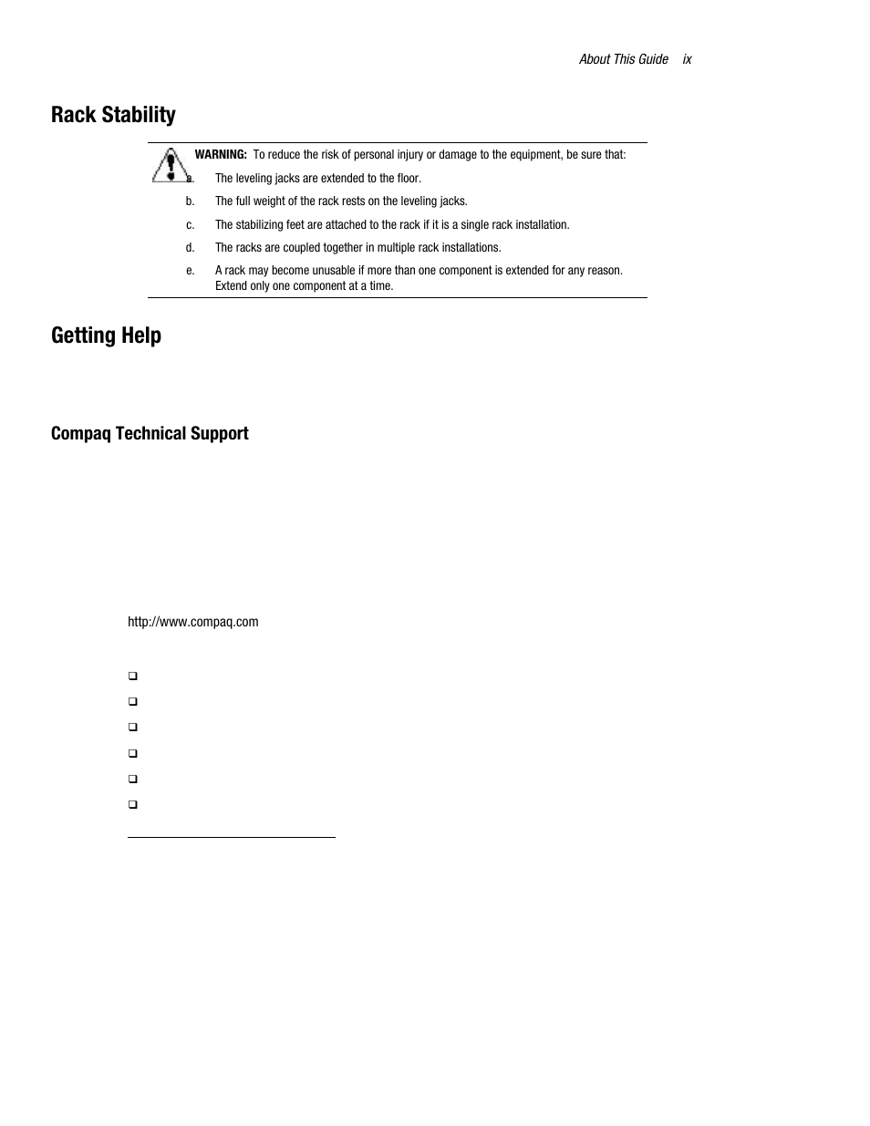 Rack stability, Getting help, Compaq technical support | Compaq R6000 User Manual | Page 9 / 118