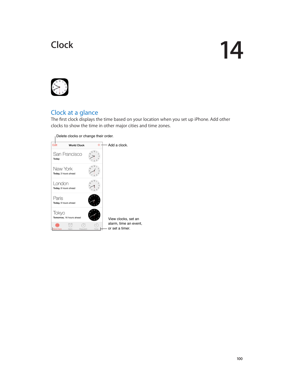 Chapter 14: clock, Clock at a glance, 100 clock at a glance | Clock | Apple iPhone iOS 8.4 User Manual | Page 100 / 196