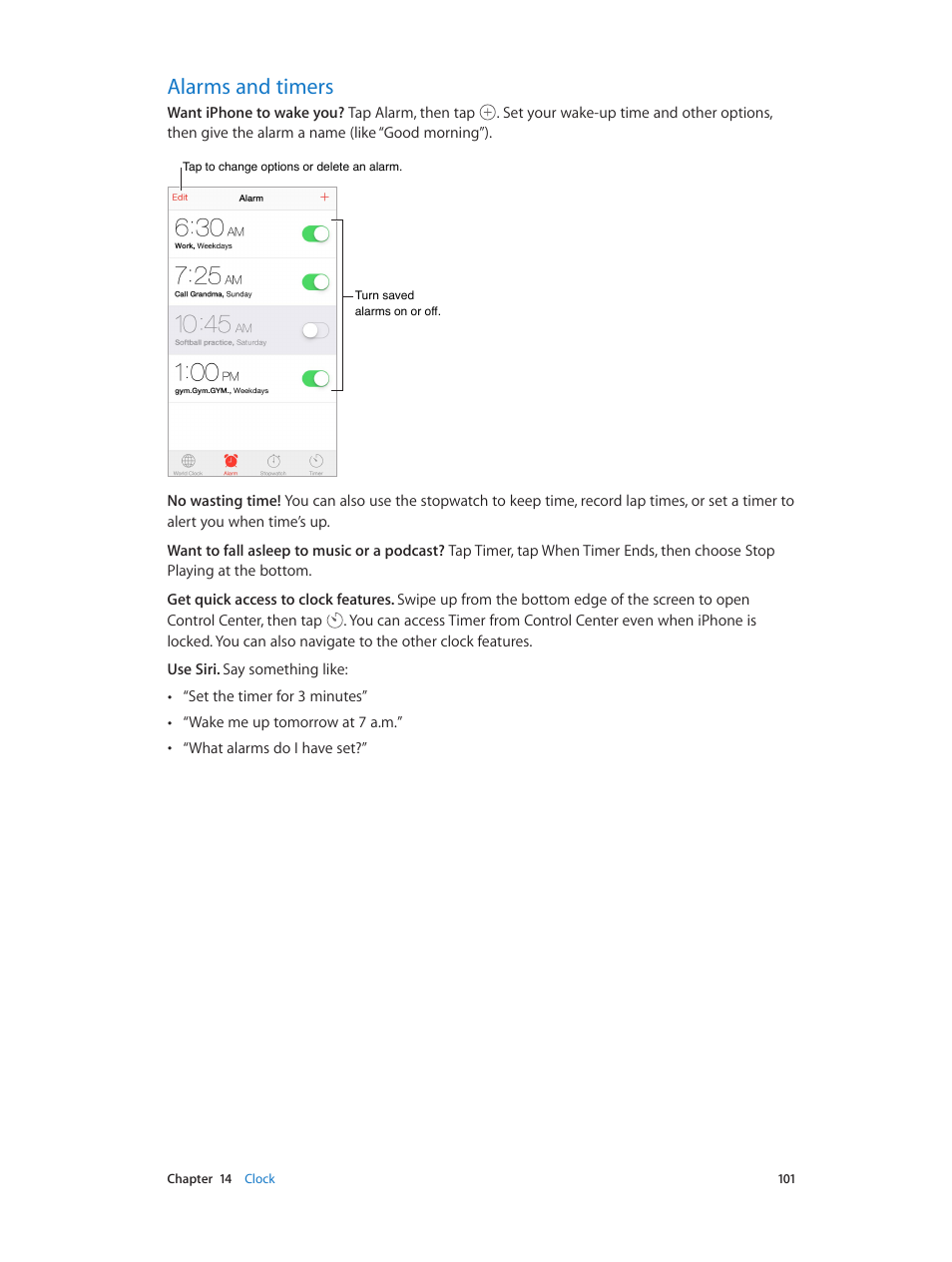 Alarms and timers, 101 alarms and timers | Apple iPhone iOS 8.4 User Manual | Page 101 / 196