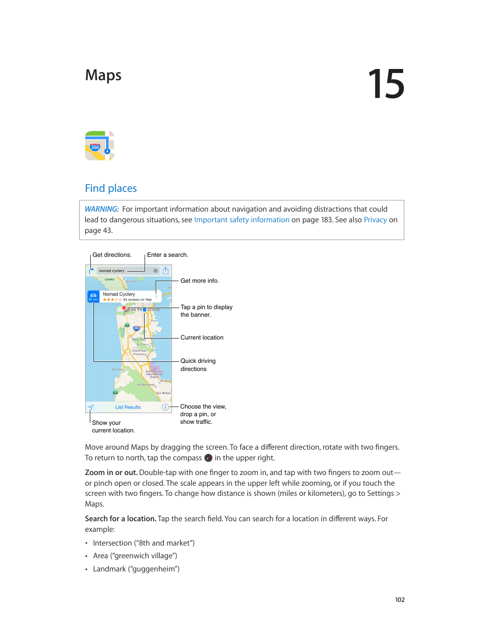 Chapter 15: maps, Find places, 102 find places | Maps | Apple iPhone iOS 8.4 User Manual | Page 102 / 196