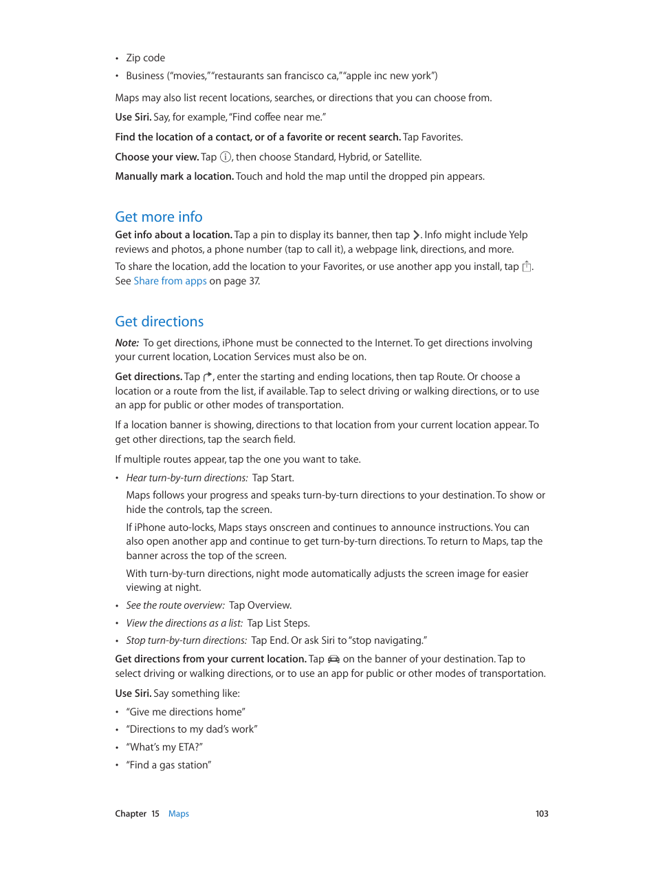 Get more info, Get directions, 103 get more info | 103 get directions | Apple iPhone iOS 8.4 User Manual | Page 103 / 196