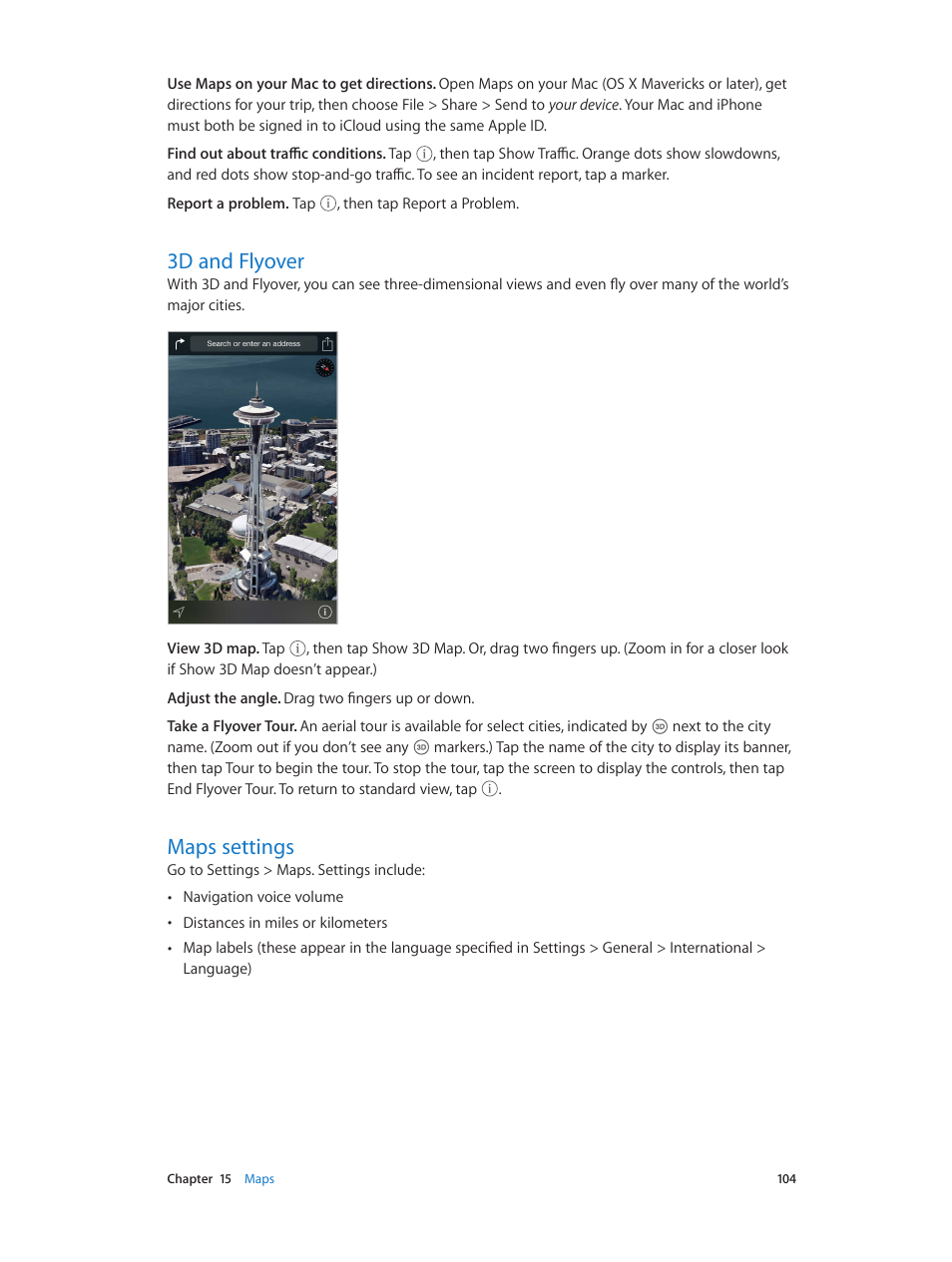 3d and flyover, Maps settings, 104 3d and flyover | 104 maps settings | Apple iPhone iOS 8.4 User Manual | Page 104 / 196