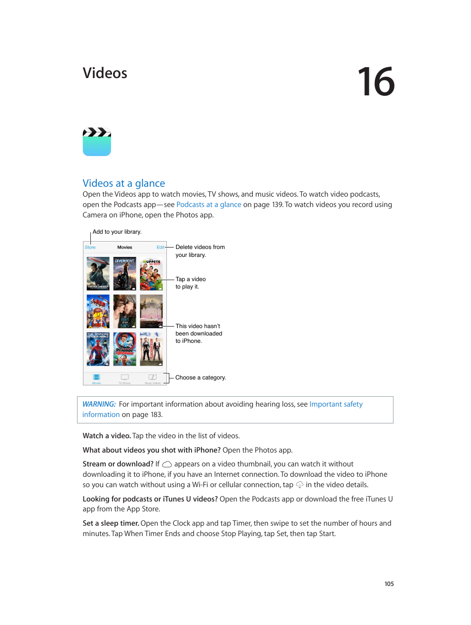 Chapter 16: videos, Videos at a glance, 105 videos at a glance | Videos | Apple iPhone iOS 8.4 User Manual | Page 105 / 196