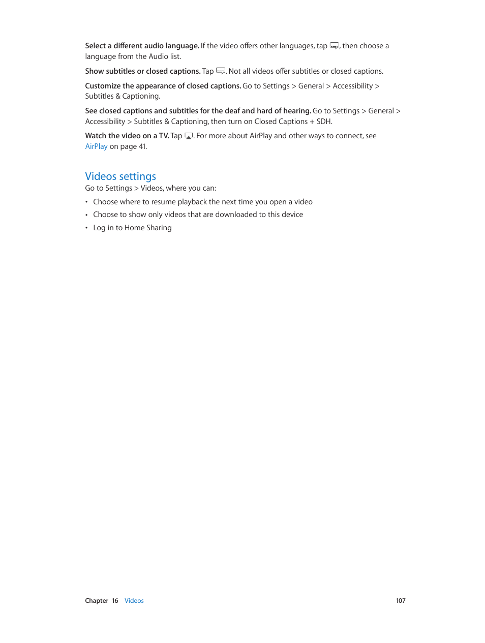 Videos settings, 107 videos settings | Apple iPhone iOS 8.4 User Manual | Page 107 / 196