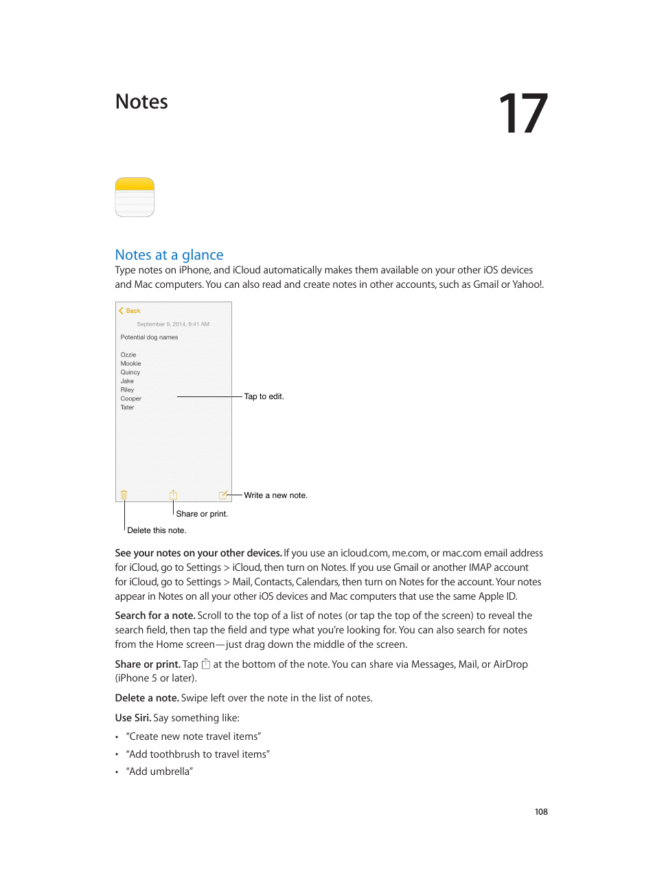 Chapter 17: notes, Notes at a glance, 108 notes at a glance | Apple iPhone iOS 8.4 User Manual | Page 108 / 196