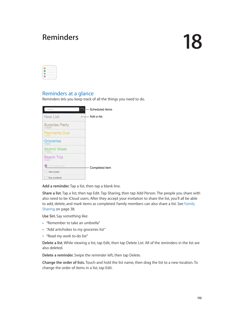 Chapter 18: reminders, Reminders at a glance, 110 reminders at a glance | Reminders at a, Glance, Reminders | Apple iPhone iOS 8.4 User Manual | Page 110 / 196