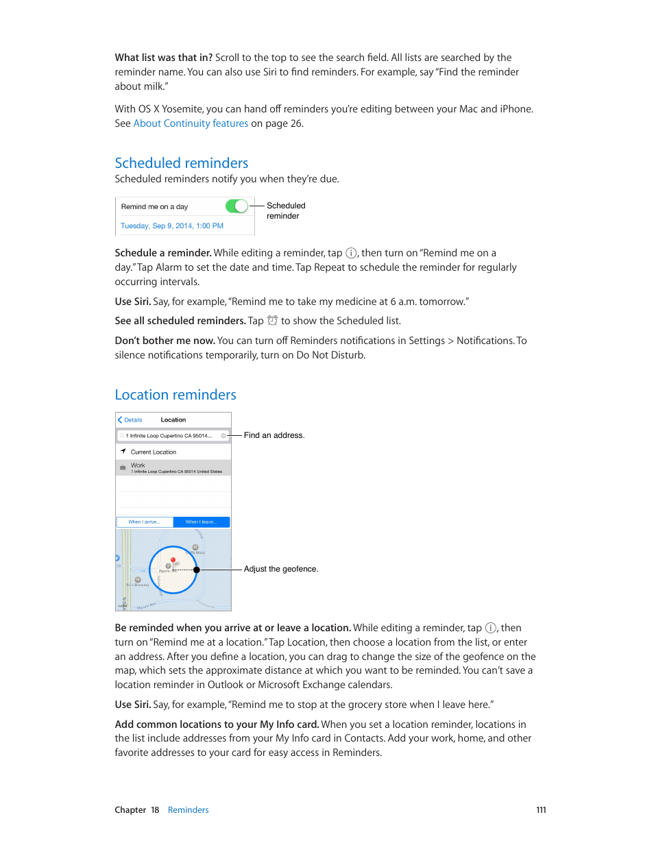 Scheduled reminders, Location reminders, 111 scheduled reminders | 111 location reminders | Apple iPhone iOS 8.4 User Manual | Page 111 / 196
