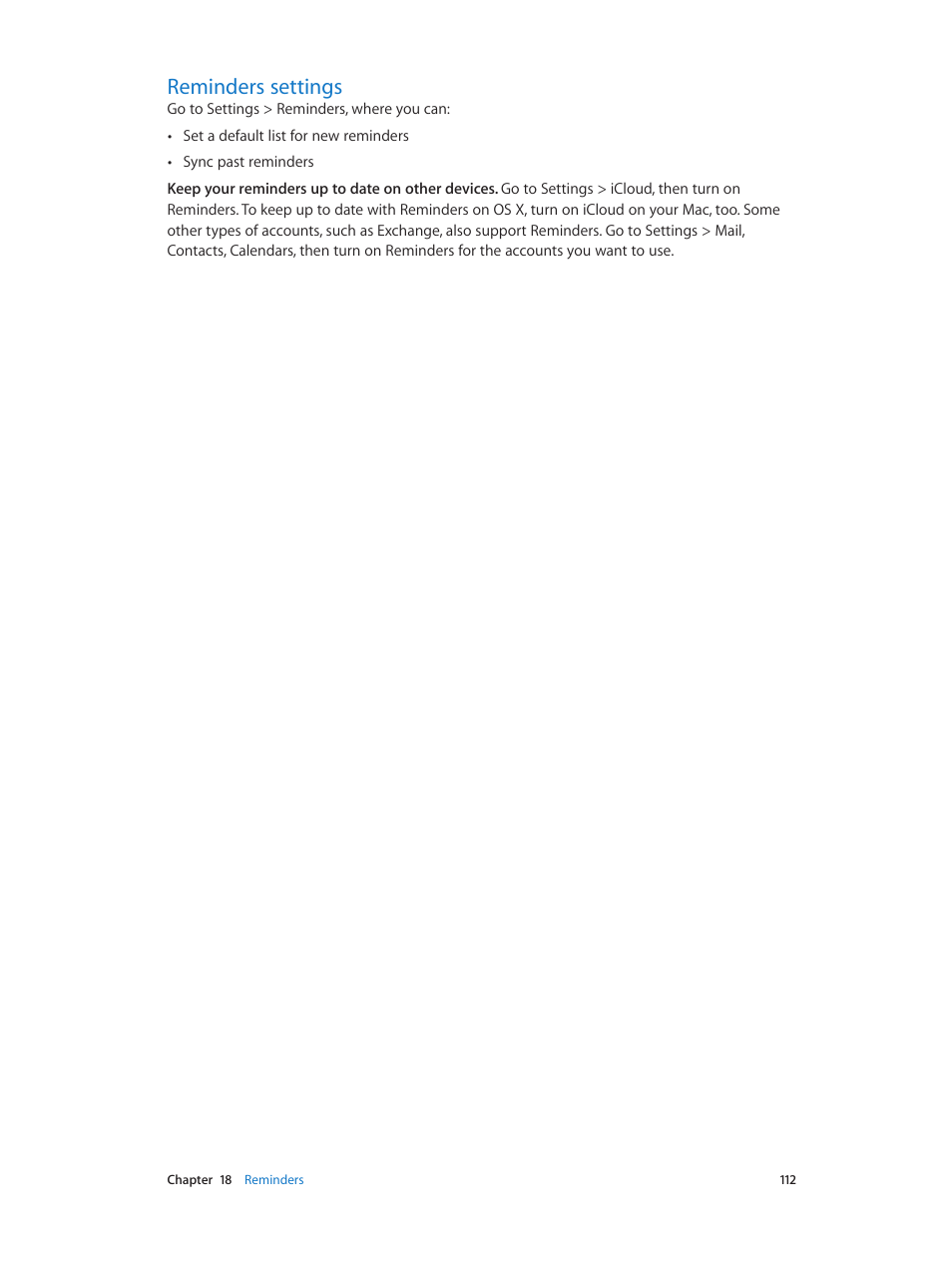 Reminders settings, 112 reminders settings | Apple iPhone iOS 8.4 User Manual | Page 112 / 196