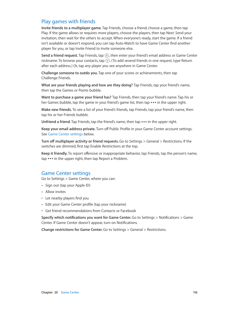 Play games with friends, Game center settings, 116 play games with friends | 116 game center settings | Apple iPhone iOS 8.4 User Manual | Page 116 / 196