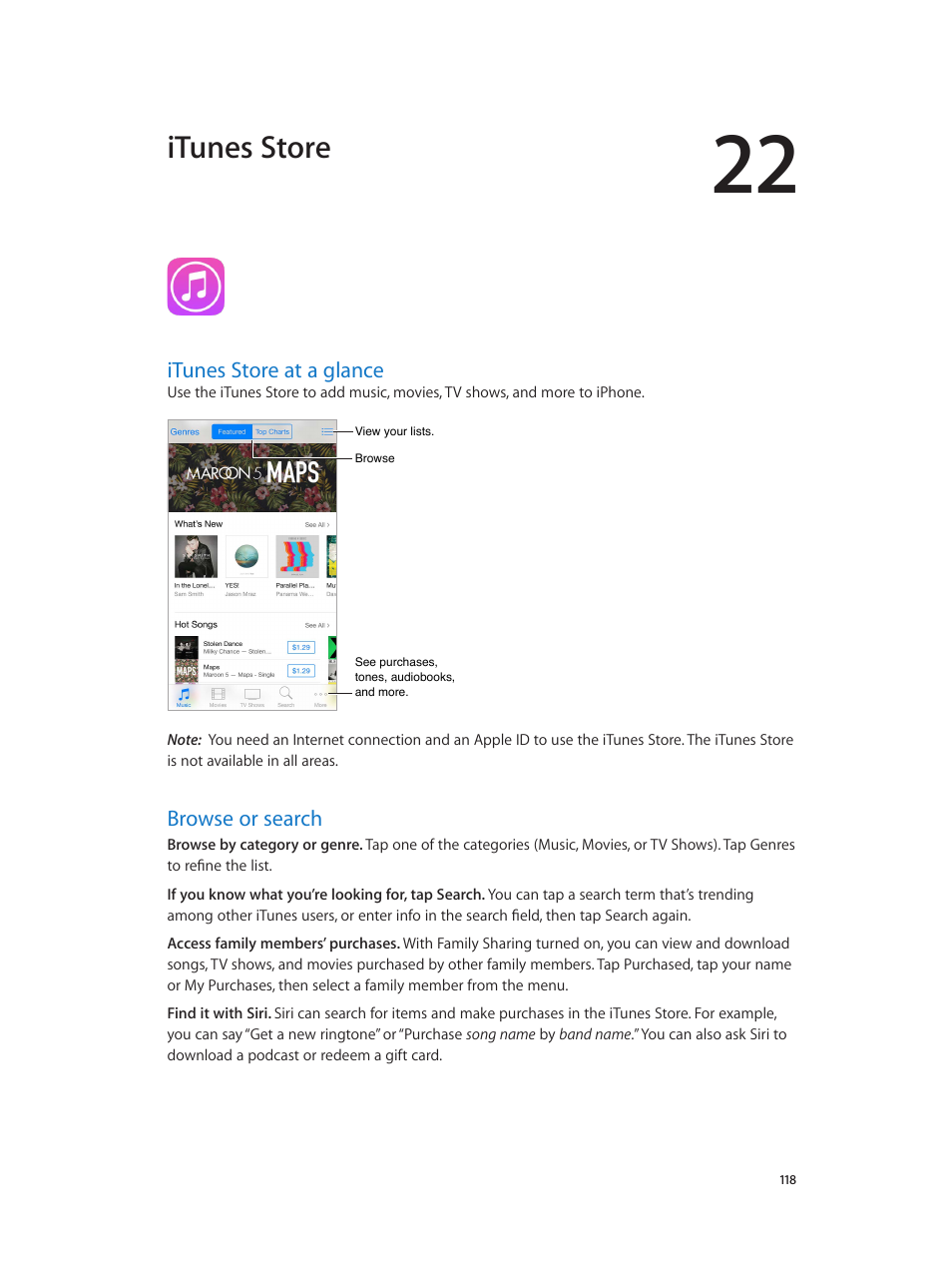 Chapter 22: itunes store, Itunes store at a glance, Browse or search | 118 itunes store at a glance, 118 browse or search, Itunes store | Apple iPhone iOS 8.4 User Manual | Page 118 / 196