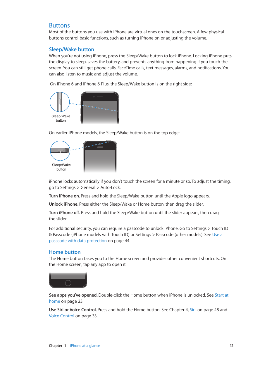 Buttons, 12 buttons, Sleep/wake button | Home button | Apple iPhone iOS 8.4 User Manual | Page 12 / 196