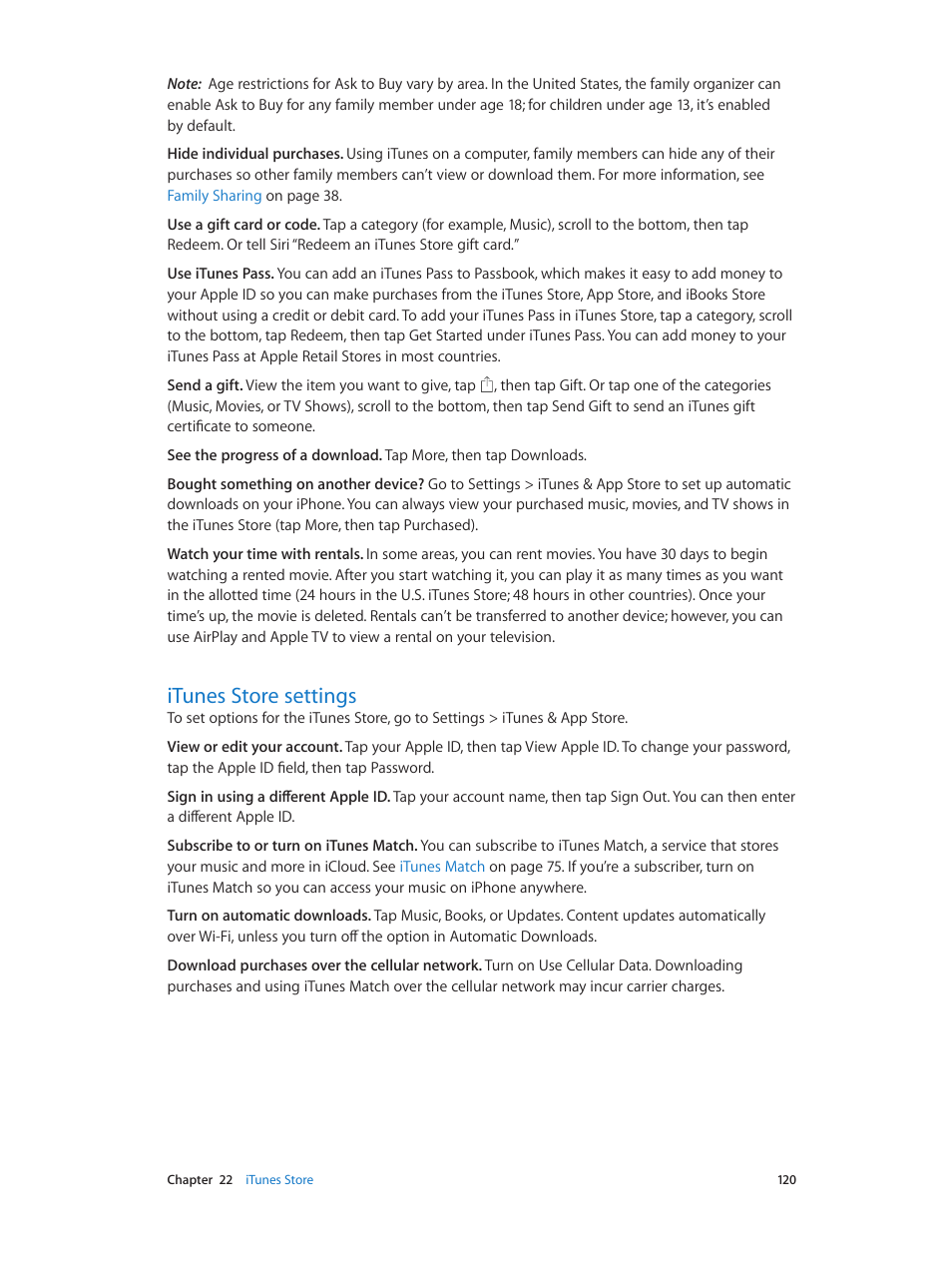 Itunes store settings, 120 itunes store settings | Apple iPhone iOS 8.4 User Manual | Page 120 / 196