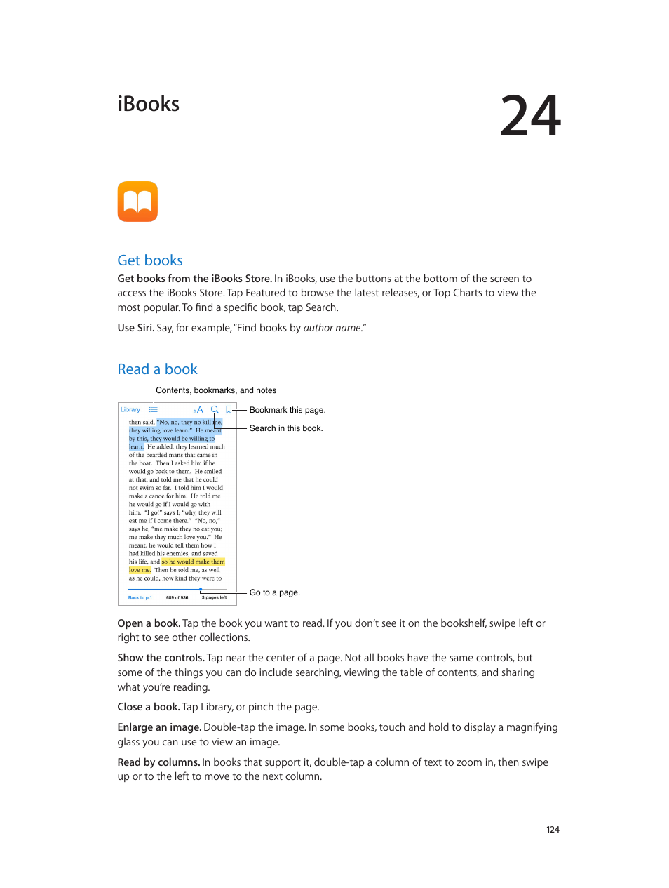 Chapter 24: ibooks, Get books, Read a book | 124 get books, 124 read a book, Ibooks | Apple iPhone iOS 8.4 User Manual | Page 124 / 196