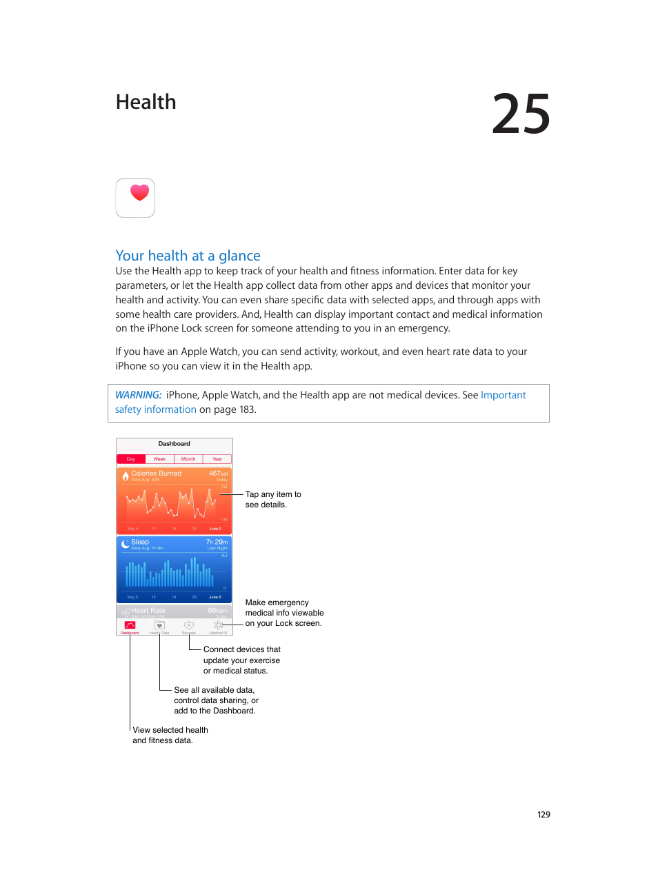 Chapter 25: health, Your health at a glance, 129 your health at a glance | Health | Apple iPhone iOS 8.4 User Manual | Page 129 / 196