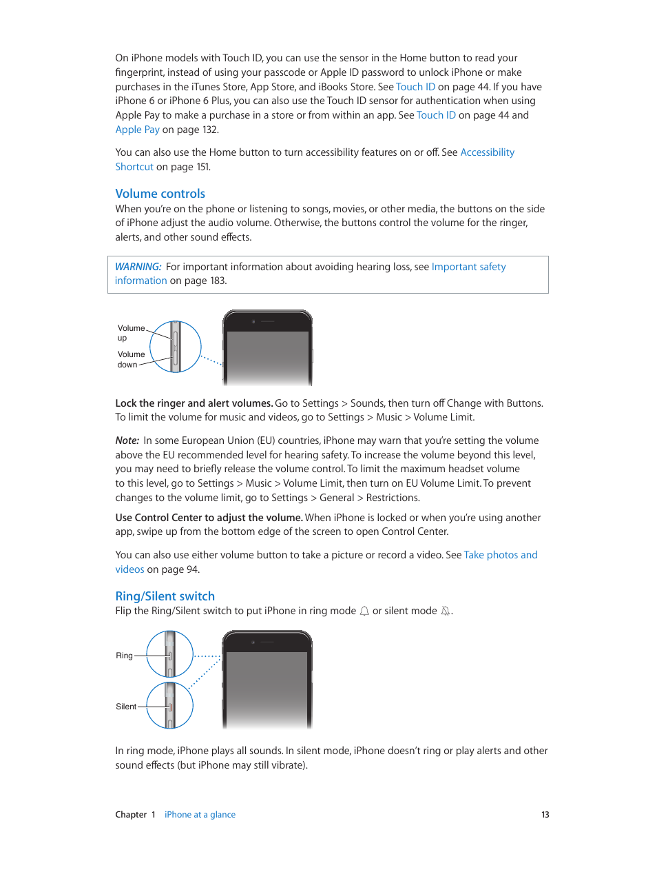 Volume controls, Ring/silent switch | Apple iPhone iOS 8.4 User Manual | Page 13 / 196