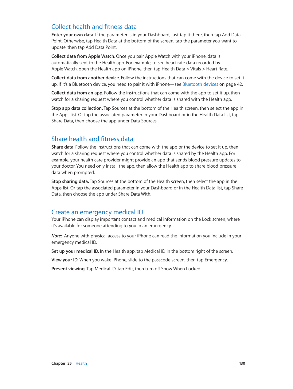 Collect health and fitness data, Share health and fitness data, Create an emergency medical id | 130 collect health and fitness data, 130 share health and fitness data, 130 create an emergency medical id | Apple iPhone iOS 8.4 User Manual | Page 130 / 196