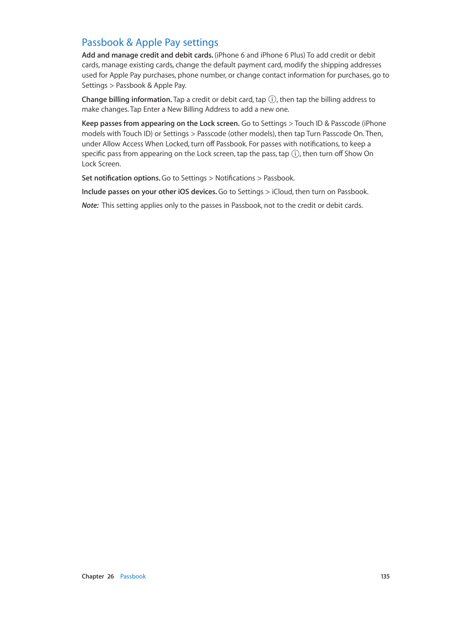 Passbook & apple pay settings, 135 passbook & apple pay settings | Apple iPhone iOS 8.4 User Manual | Page 135 / 196