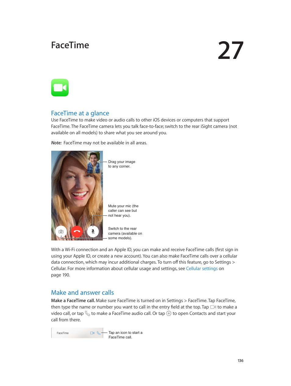Chapter 27: facetime, Facetime at a glance, Make and answer calls | 136 facetime at a glance, 136 make and answer calls, Facetime | Apple iPhone iOS 8.4 User Manual | Page 136 / 196
