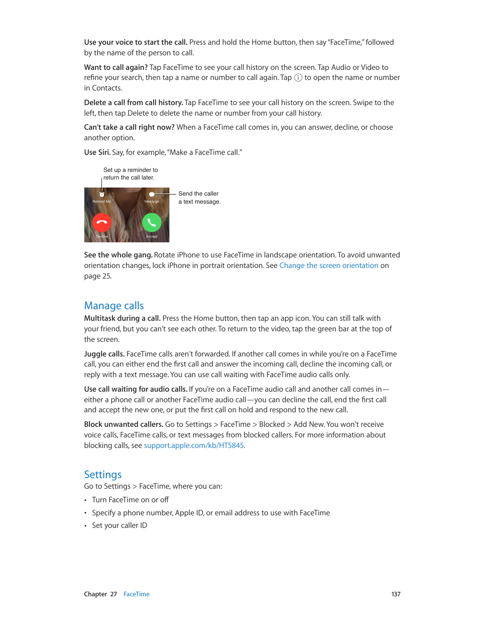 Manage calls, Settings, 137 manage calls | 137 settings | Apple iPhone iOS 8.4 User Manual | Page 137 / 196