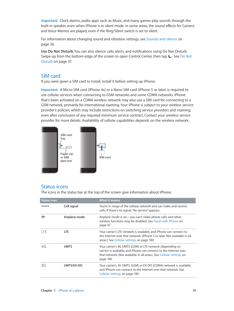 Sim card, Status icons, 14 sim card | 14 status icons | Apple iPhone iOS 8.4 User Manual | Page 14 / 196