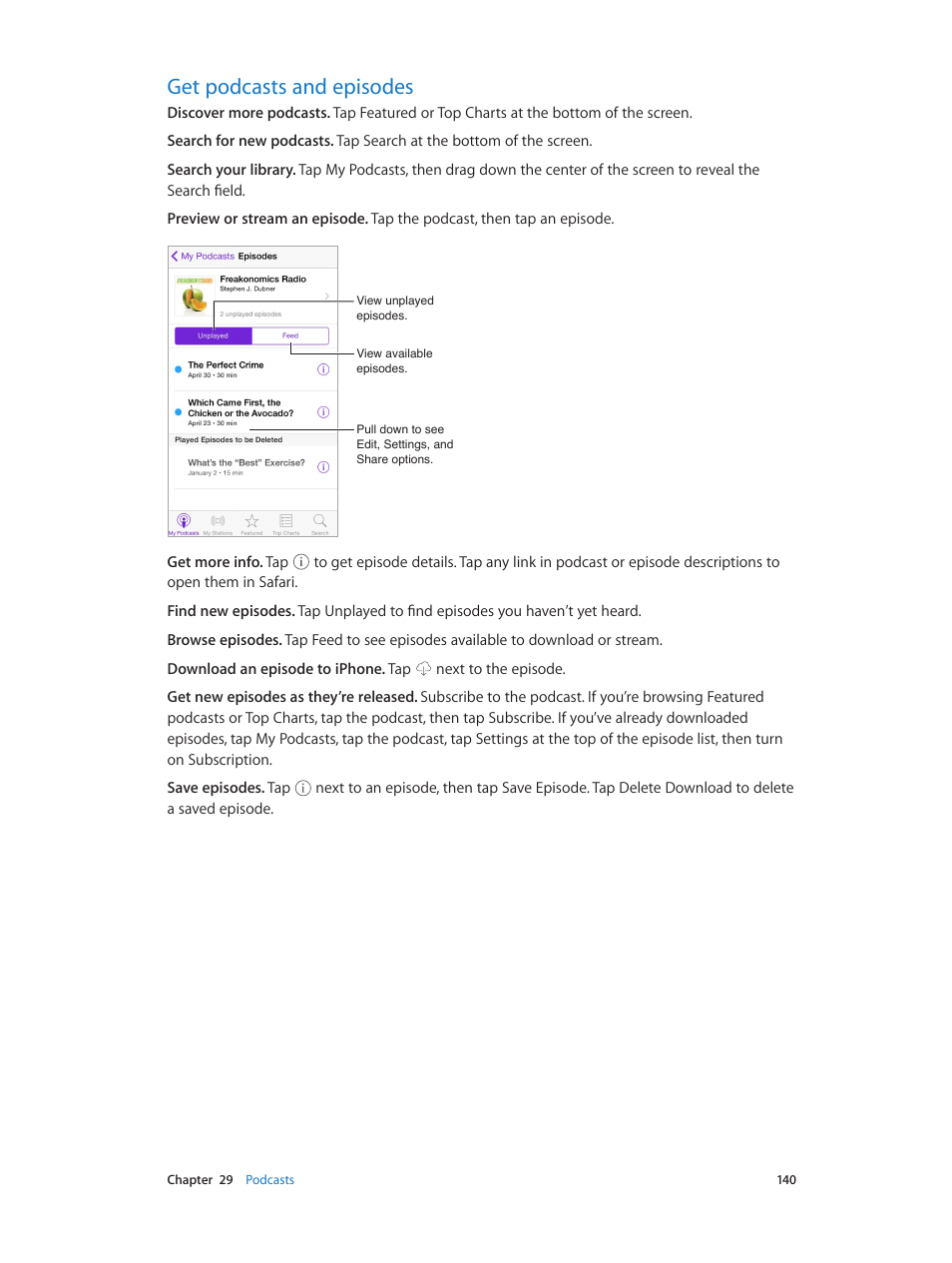 Get podcasts and episodes, 140 get podcasts and episodes | Apple iPhone iOS 8.4 User Manual | Page 140 / 196