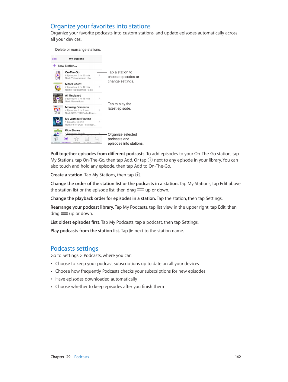 Organize your favorites into stations, Podcasts settings, 142 organize your favorites into stations | 142 podcasts settings | Apple iPhone iOS 8.4 User Manual | Page 142 / 196