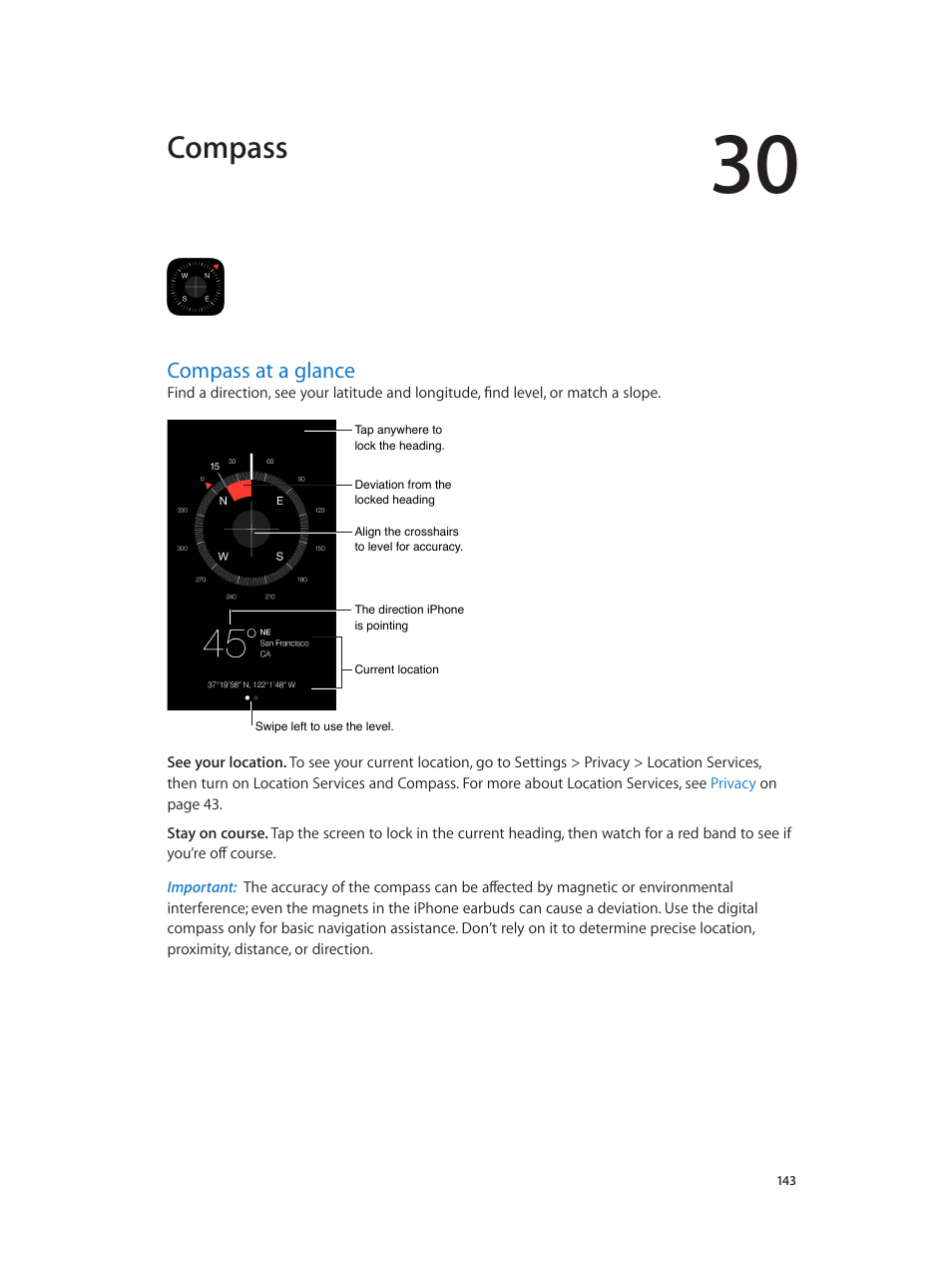 Chapter 30: compass, Compass at a glance, 143 compass at a glance | Compass | Apple iPhone iOS 8.4 User Manual | Page 143 / 196