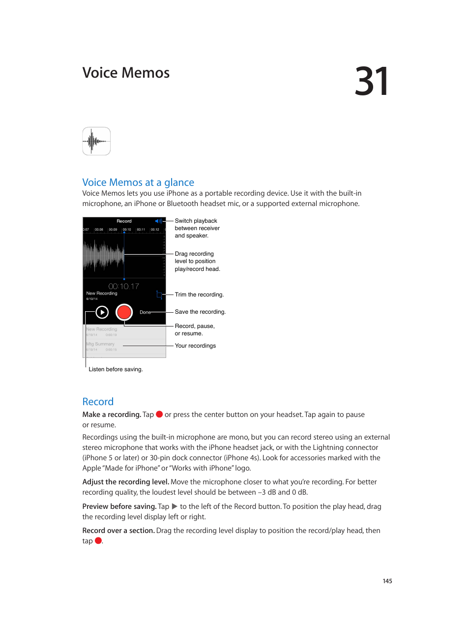 Chapter 31: voice memos, Voice memos at a glance, Record | 145 voice memos at a glance, 145 record | Apple iPhone iOS 8.4 User Manual | Page 145 / 196