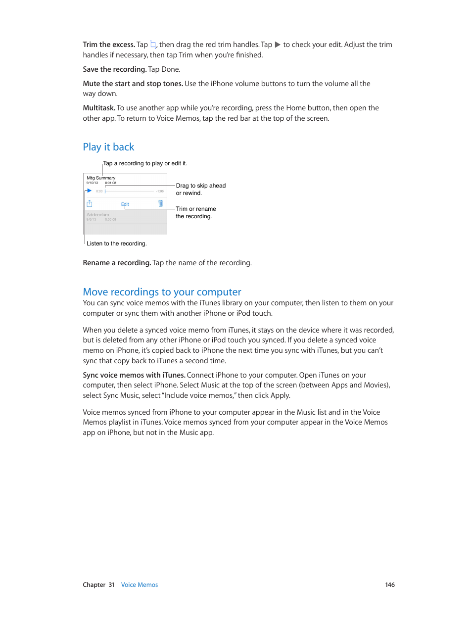 Play it back, Move recordings to your computer, 146 play it back | 146 move recordings to your computer | Apple iPhone iOS 8.4 User Manual | Page 146 / 196