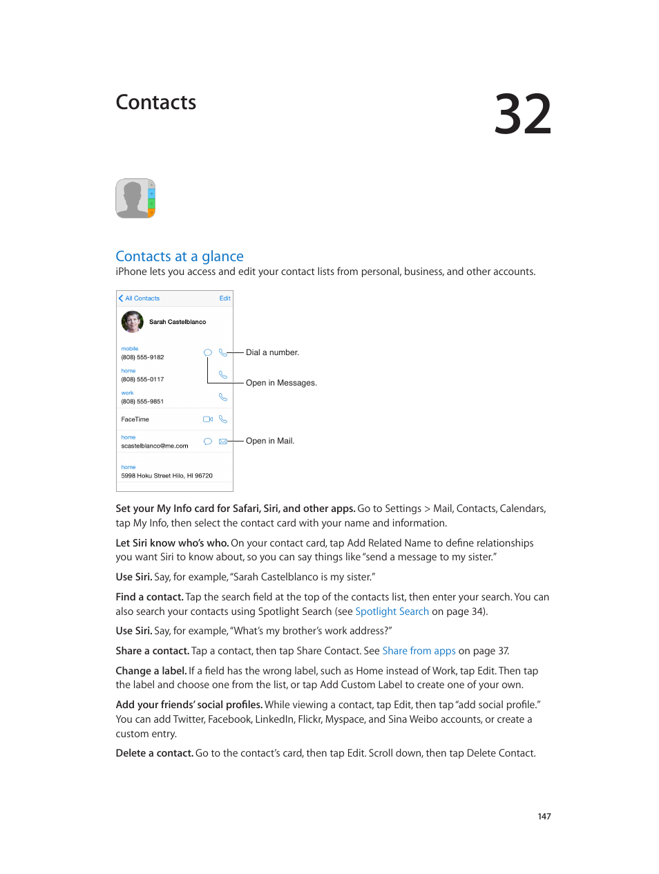 Chapter 32: contacts, Contacts at a glance, 147 contacts at a glance | Contacts | Apple iPhone iOS 8.4 User Manual | Page 147 / 196