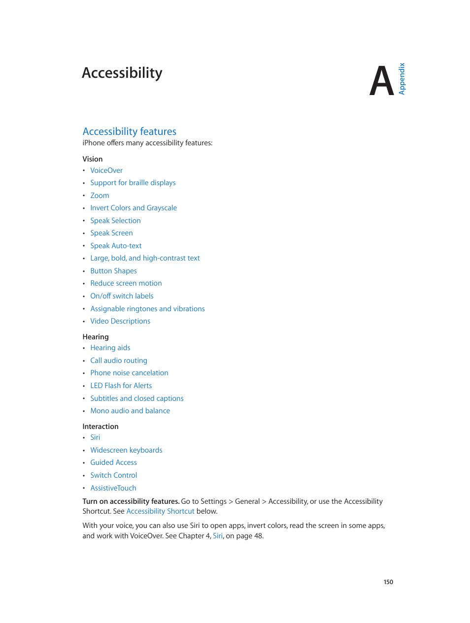 Appendix a: accessibility, Accessibility features, 150 accessibility features | Accessibility | Apple iPhone iOS 8.4 User Manual | Page 150 / 196