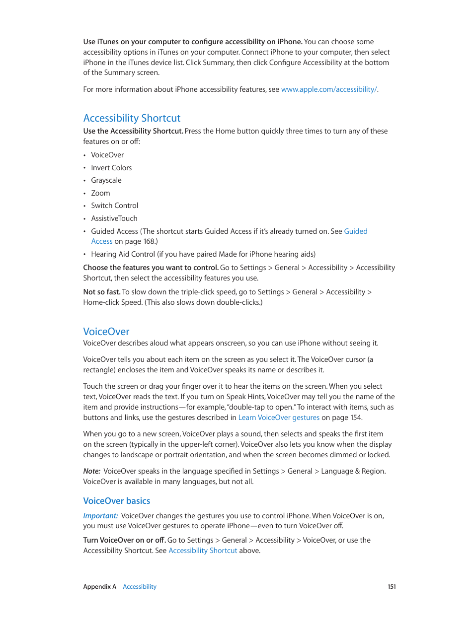 Accessibility shortcut, Voiceover, 151 accessibility shortcut | 151 voiceover, Accessibility, Shortcut, Voiceover basics | Apple iPhone iOS 8.4 User Manual | Page 151 / 196