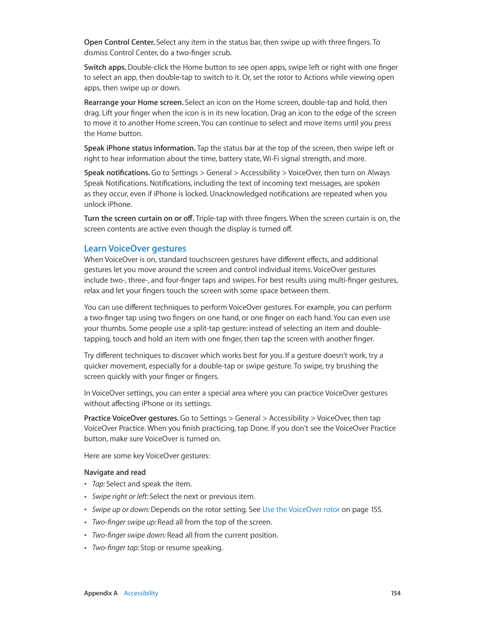 Learn voiceover gestures | Apple iPhone iOS 8.4 User Manual | Page 154 / 196