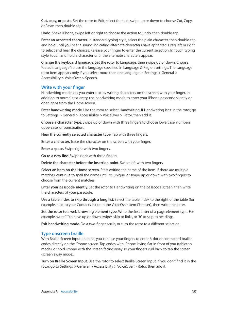 Write with your finger, Type onscreen braille | Apple iPhone iOS 8.4 User Manual | Page 157 / 196