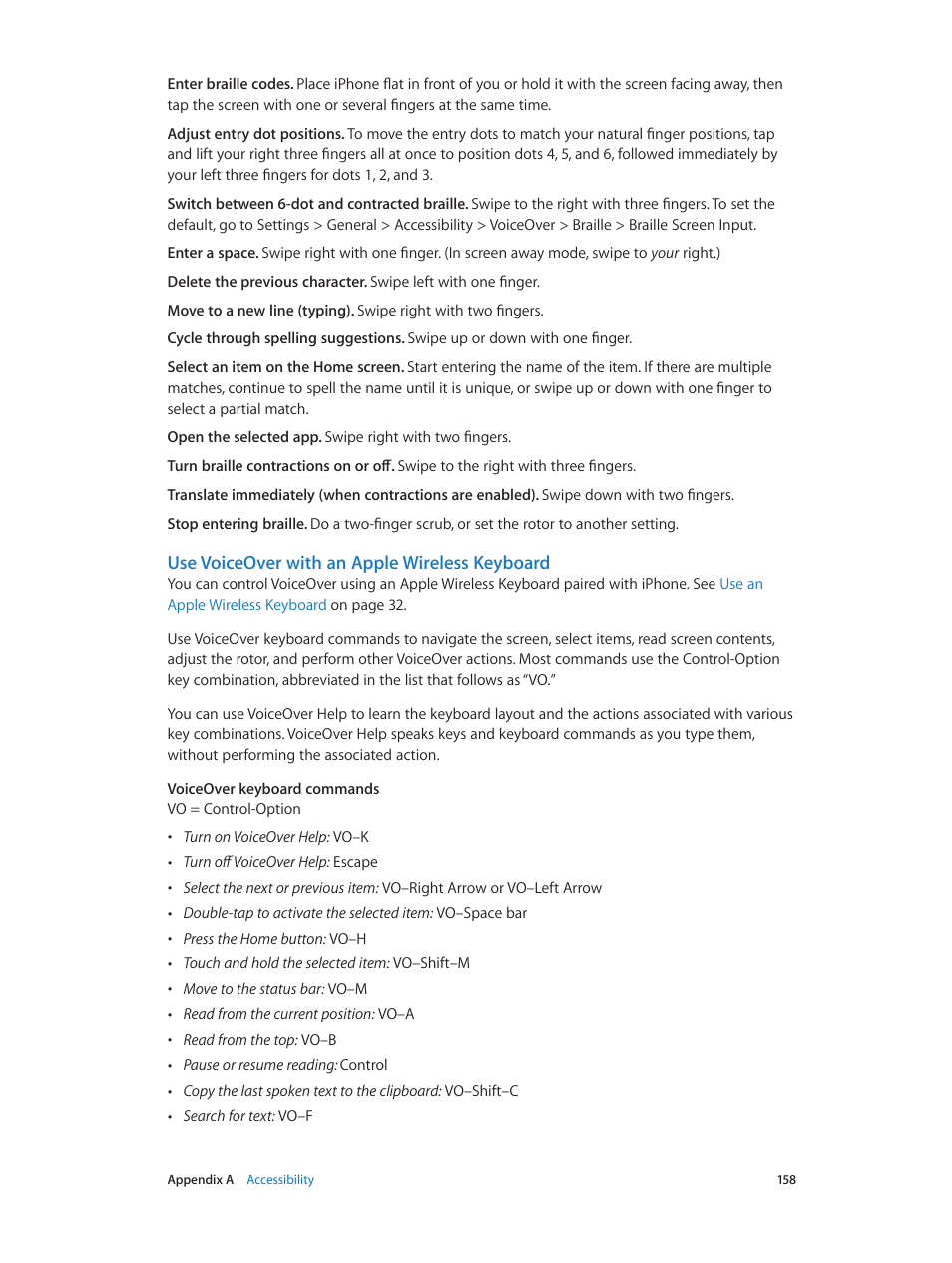 Use voiceover with an apple wireless keyboard | Apple iPhone iOS 8.4 User Manual | Page 158 / 196