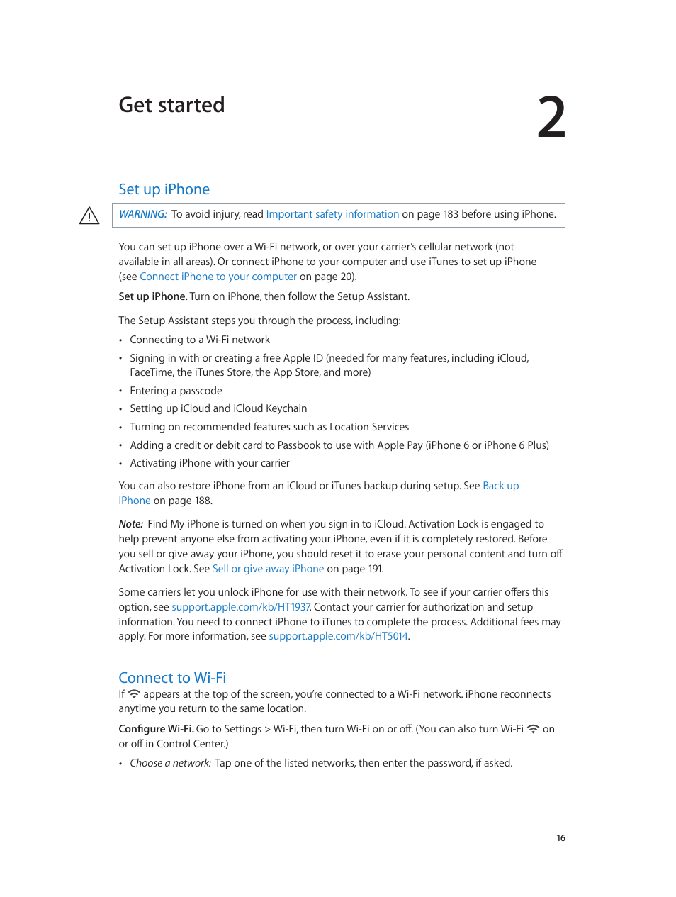 Chapter 2: get started, Set up iphone, Connect to wi-fi | 16 set up iphone, 16 connect to wi-fi, Get started | Apple iPhone iOS 8.4 User Manual | Page 16 / 196