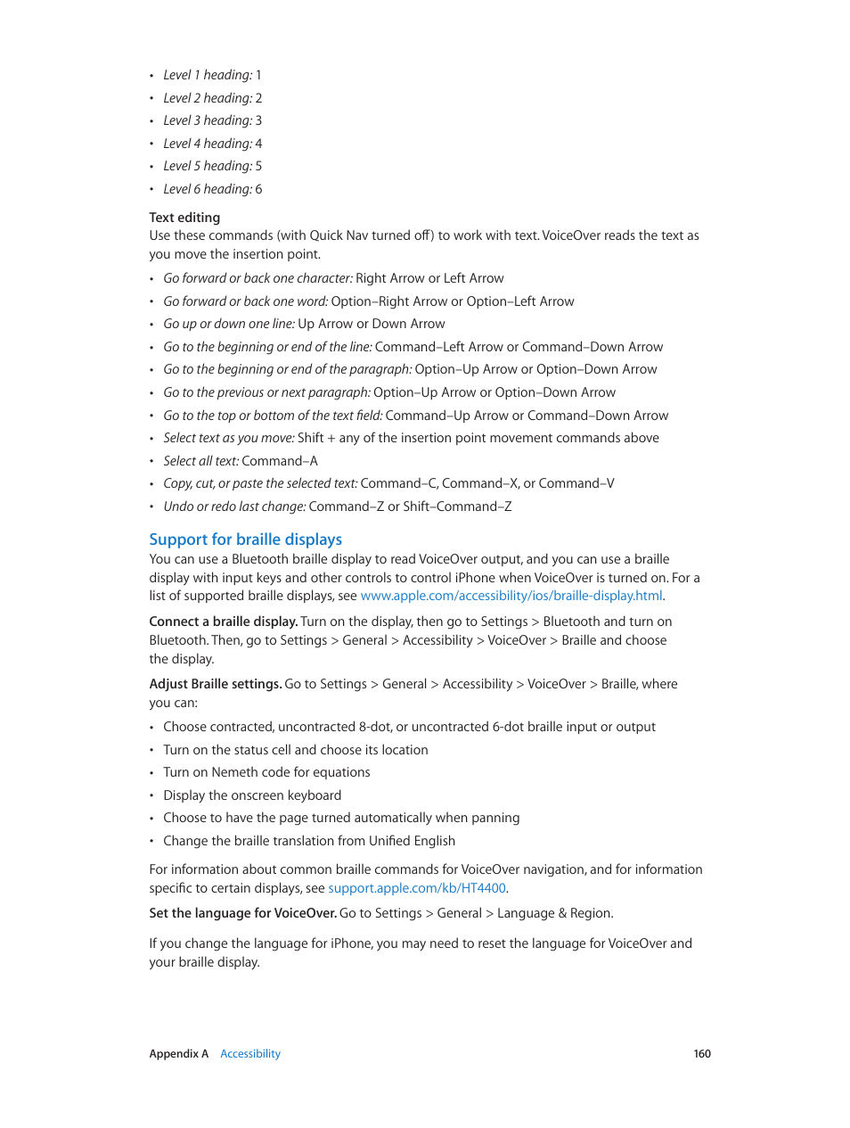 Support for braille displays | Apple iPhone iOS 8.4 User Manual | Page 160 / 196