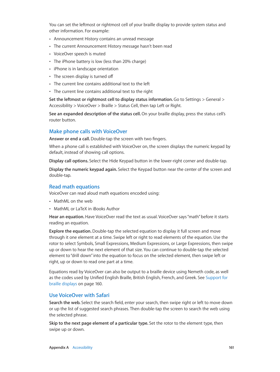 Make phone calls with voiceover, Read math equations, Use voiceover with safari | Apple iPhone iOS 8.4 User Manual | Page 161 / 196