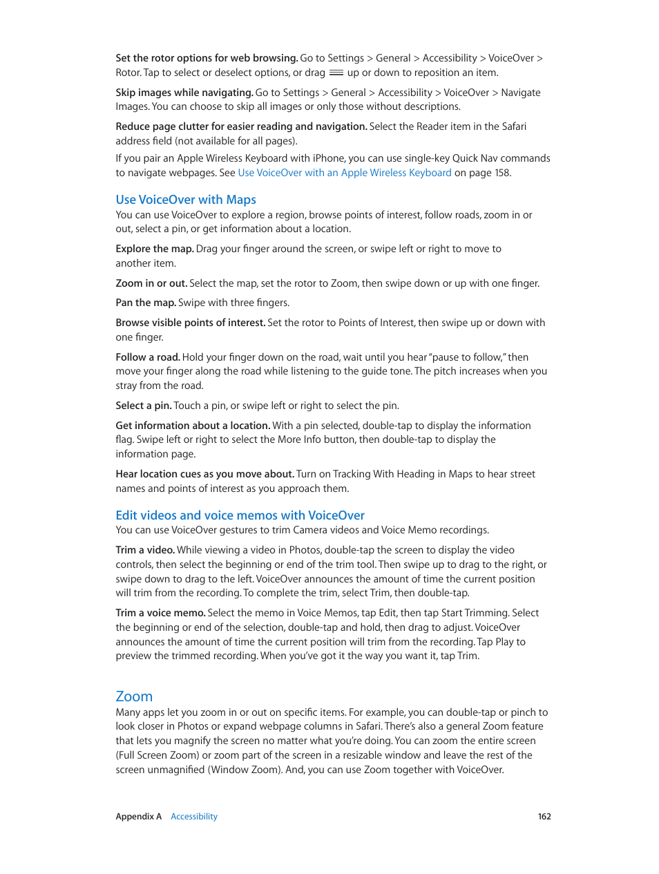 Zoom, 162 zoom, Use voiceover with maps | Apple iPhone iOS 8.4 User Manual | Page 162 / 196
