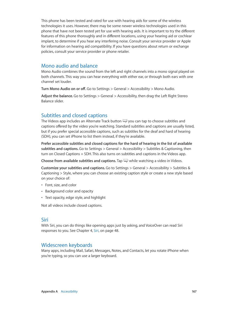Mono audio and balance, Subtitles and closed captions, Siri | Widescreen keyboards, 167 mono audio and balance, 167 subtitles and closed captions, 167 siri, 167 widescreen keyboards | Apple iPhone iOS 8.4 User Manual | Page 167 / 196