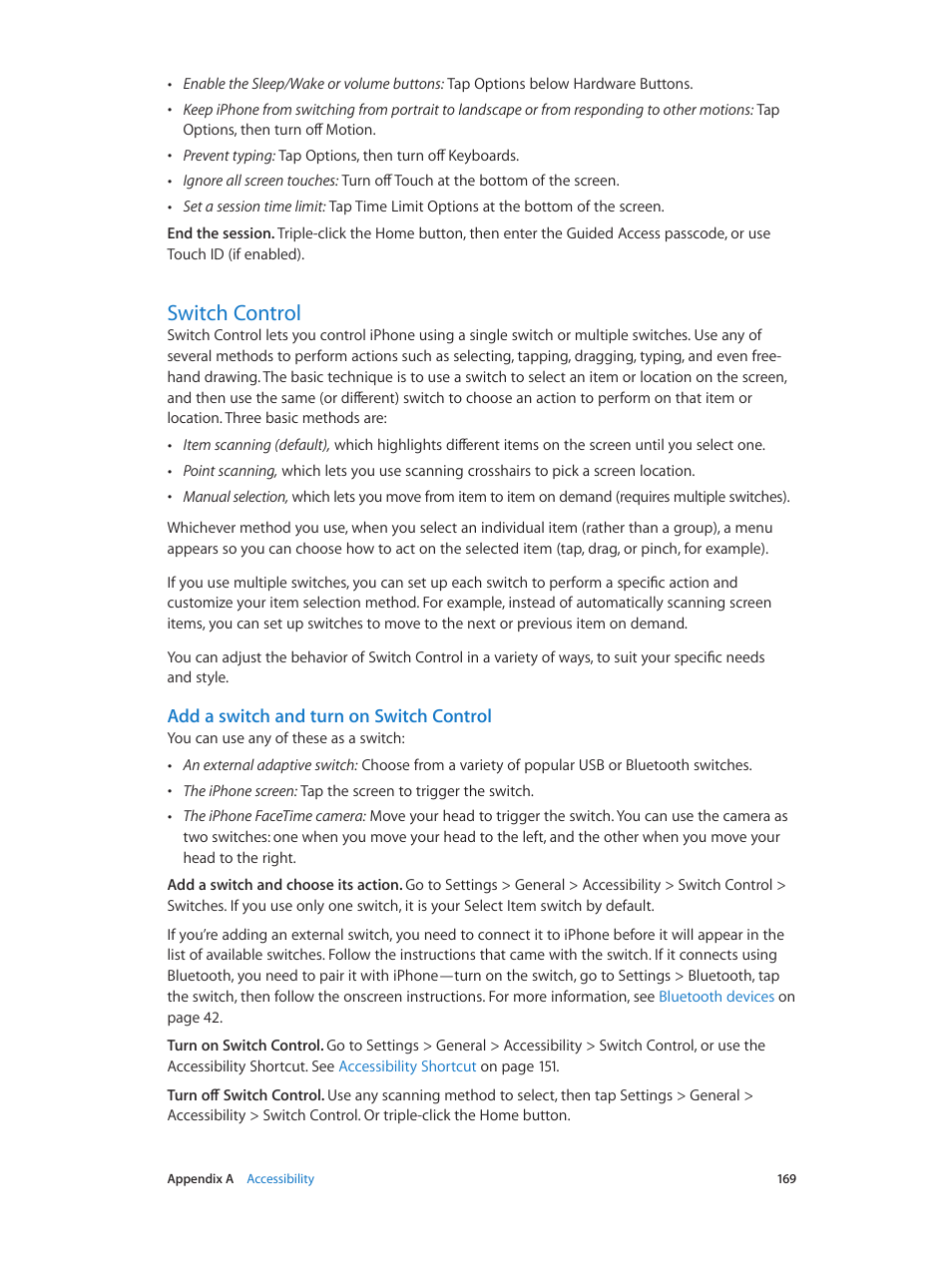 Switch control, 169 switch control, Add a switch and turn on switch control | Apple iPhone iOS 8.4 User Manual | Page 169 / 196