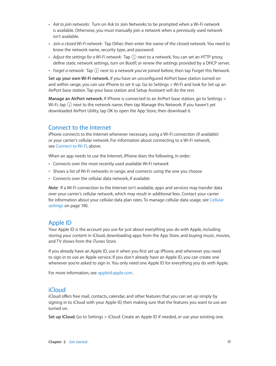 Connect to the internet, Apple id, Icloud | 17 connect to the internet, 17 apple id, 17 icloud | Apple iPhone iOS 8.4 User Manual | Page 17 / 196