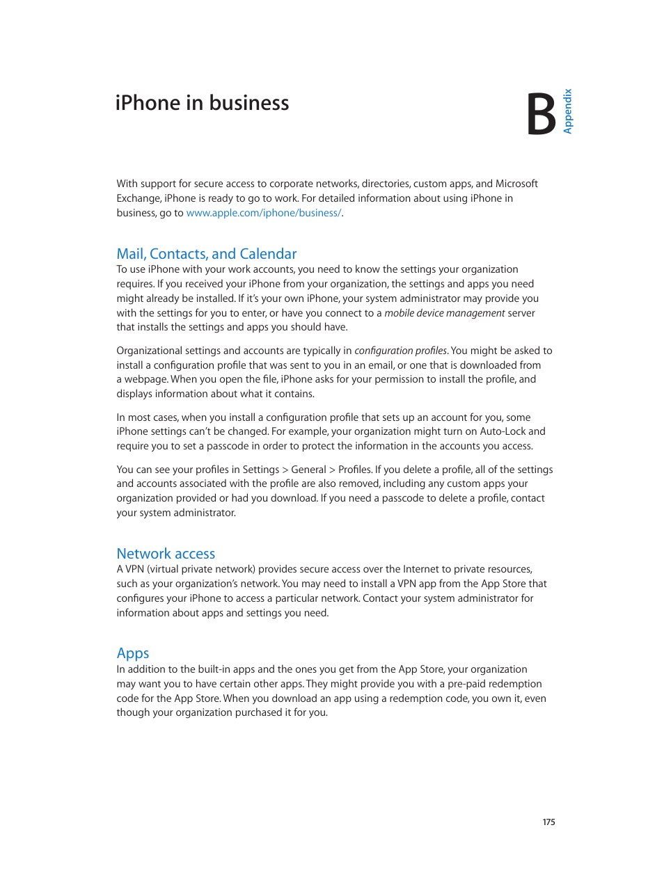 Appendix b: iphone in business, Mail, contacts, and calendar, Network access | Apps, 175 mail, contacts, and calendar, 175 network access, 175 apps, Iphone in business | Apple iPhone iOS 8.4 User Manual | Page 175 / 196