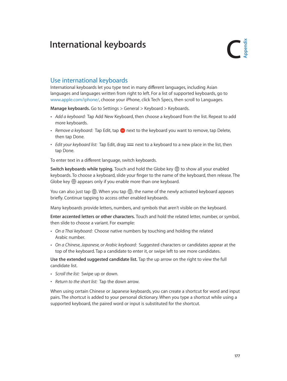 Appendix c: international keyboards, Use international keyboards, 177 use international keyboards | International keyboards | Apple iPhone iOS 8.4 User Manual | Page 177 / 196