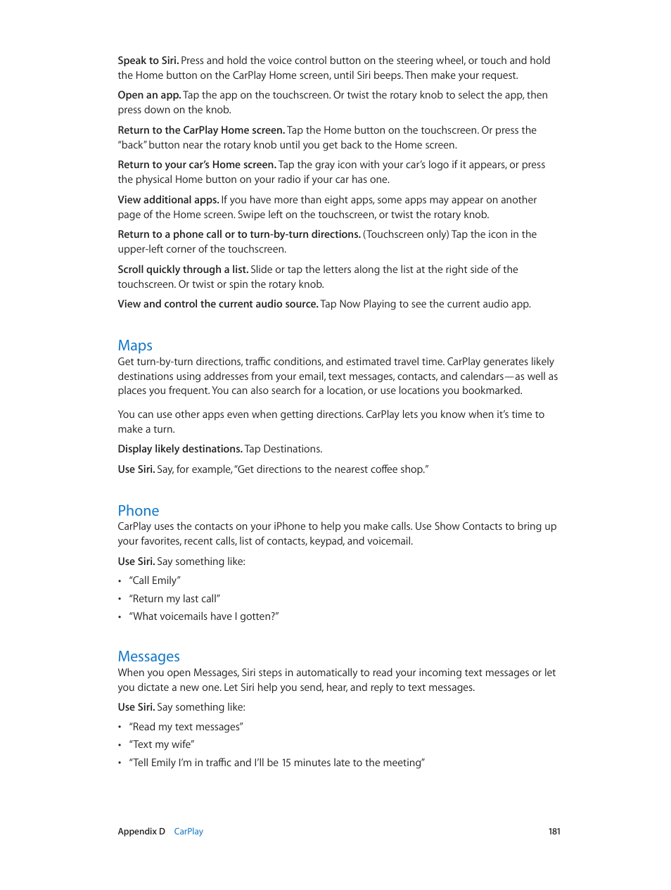 Maps, Phone, Messages | 181 maps, 181 phone, 181 messages | Apple iPhone iOS 8.4 User Manual | Page 181 / 196