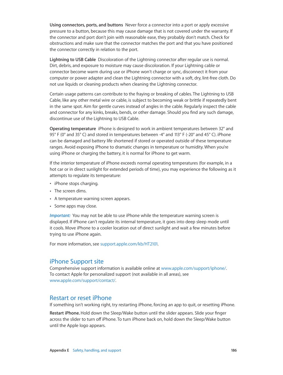 Iphone support site, Restart or reset iphone, 186 iphone support site | 186 restart or reset iphone | Apple iPhone iOS 8.4 User Manual | Page 186 / 196