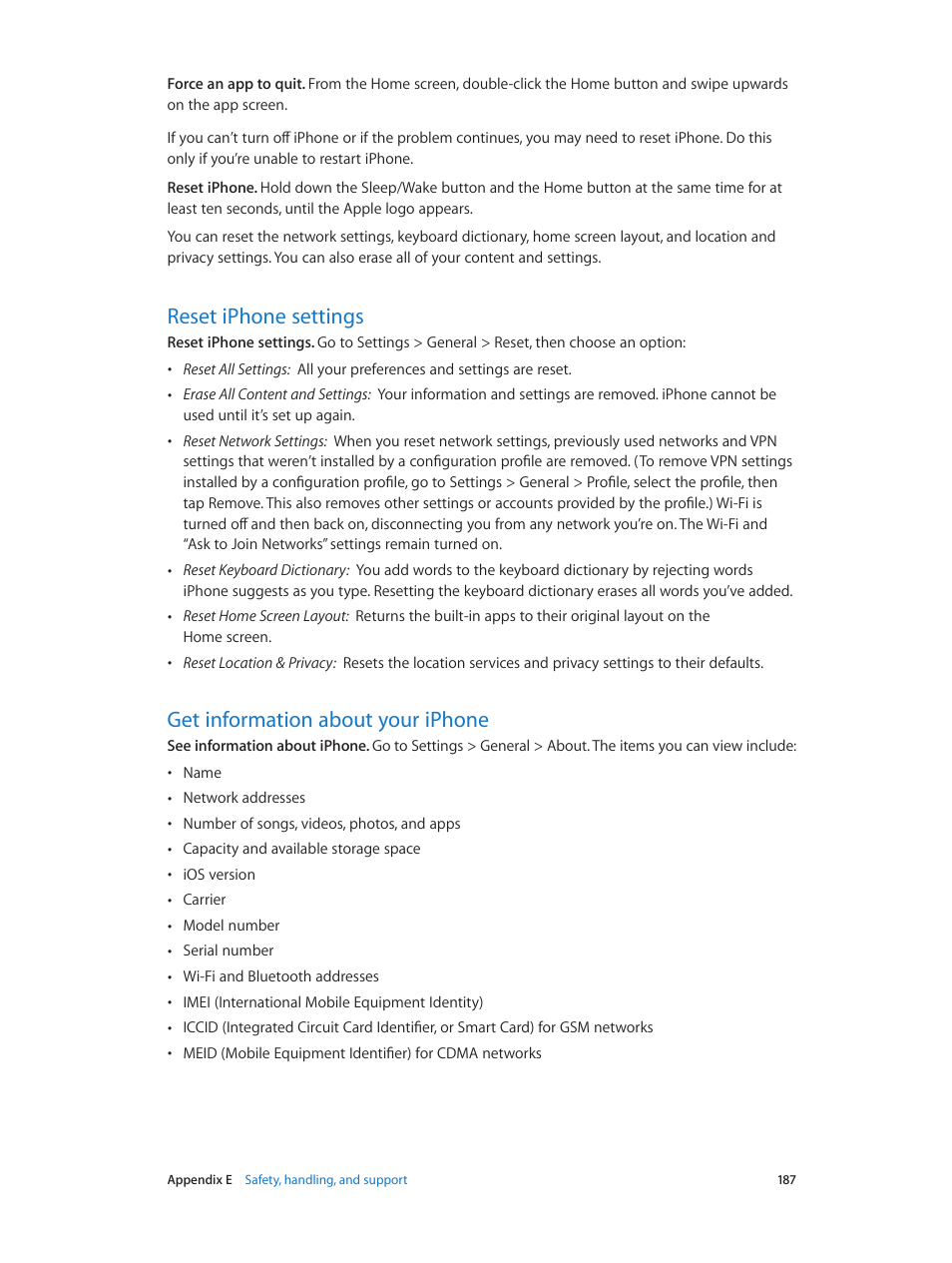 Reset iphone settings, Get information about your iphone, 187 reset iphone settings | 187 get information about your iphone | Apple iPhone iOS 8.4 User Manual | Page 187 / 196