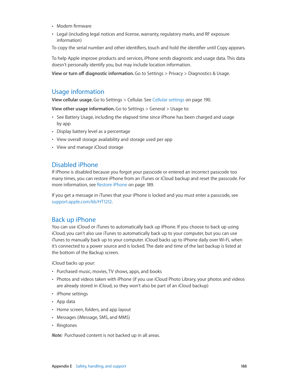 Usage information, Disabled iphone, Back up iphone | 188 usage information, 188 disabled iphone, 188 back up iphone, Back up, Iphone, 188 and, Usage | Apple iPhone iOS 8.4 User Manual | Page 188 / 196