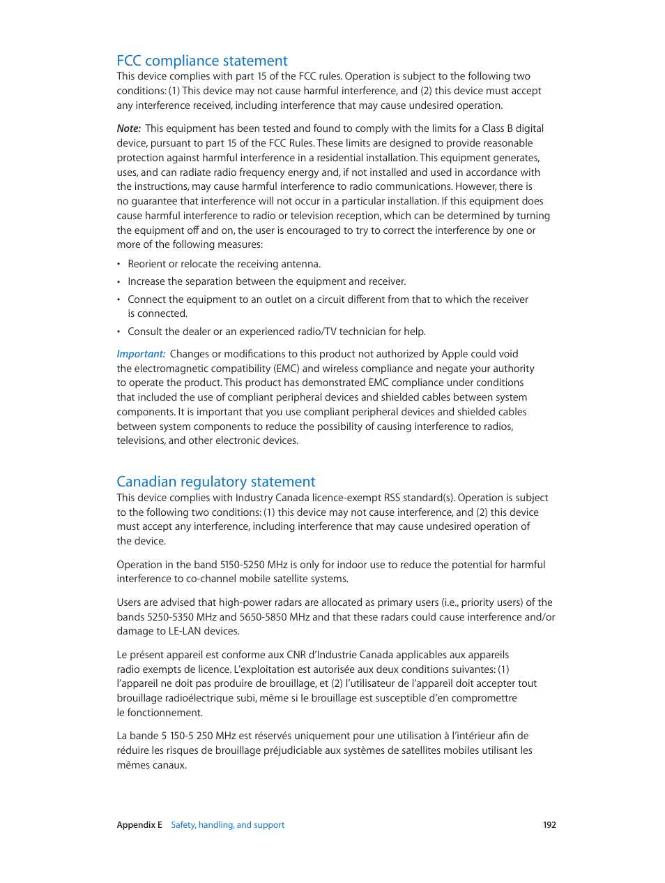 Fcc compliance statement, Canadian regulatory statement, 192 fcc compliance statement | 192 canadian regulatory statement | Apple iPhone iOS 8.4 User Manual | Page 192 / 196